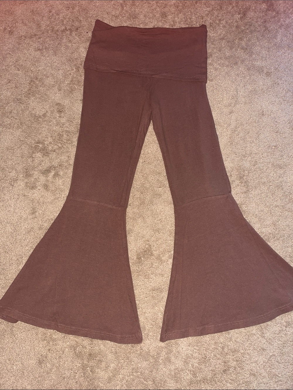 Brown Flared Yoga Leggings with Fold-Over Waistband